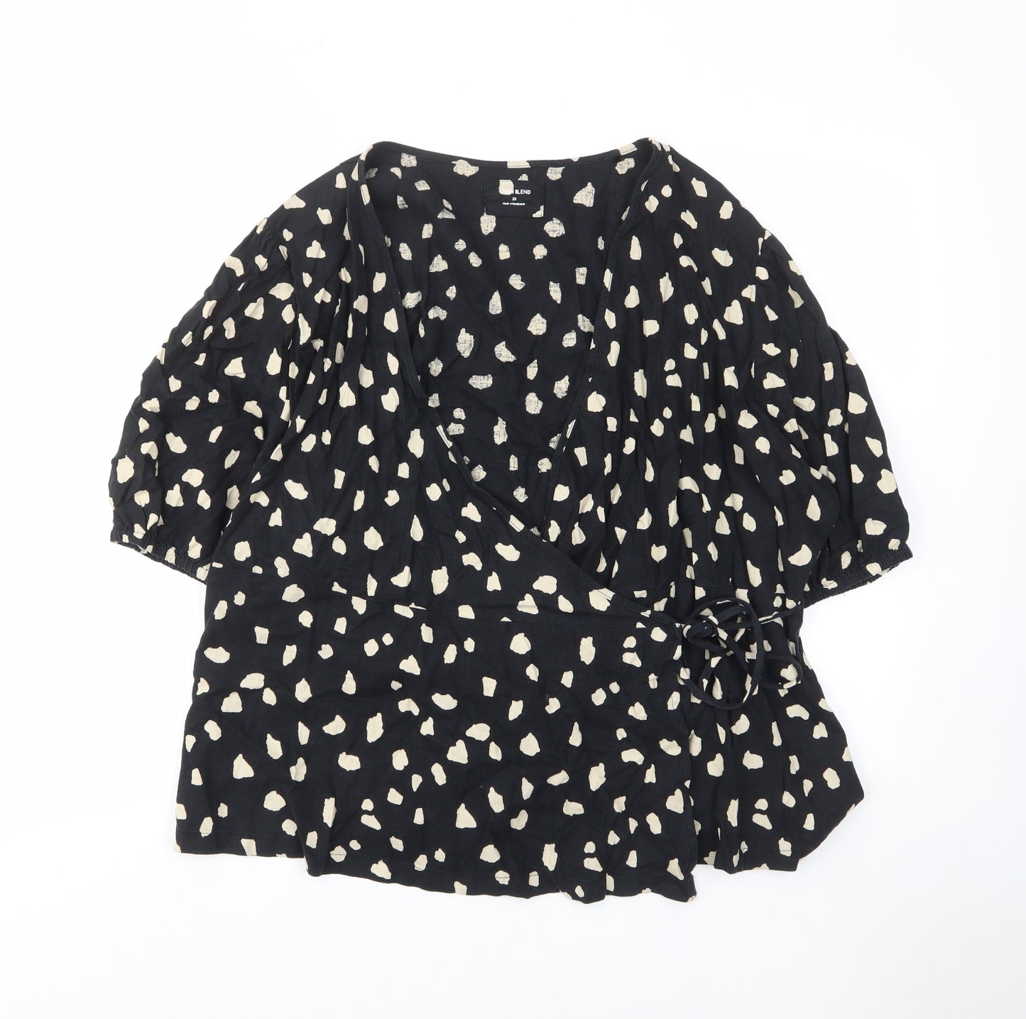 Marks and Spencer Womens Black Geometric Linen Wrap Blouse Size 20 V-Neck - Tie