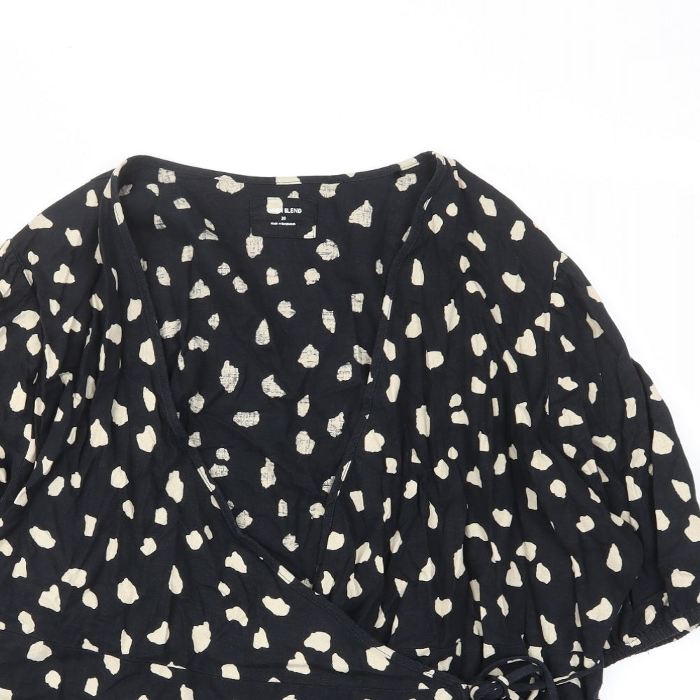 Marks and Spencer Womens Black Geometric Linen Wrap Blouse Size 20 V-Neck - Tie