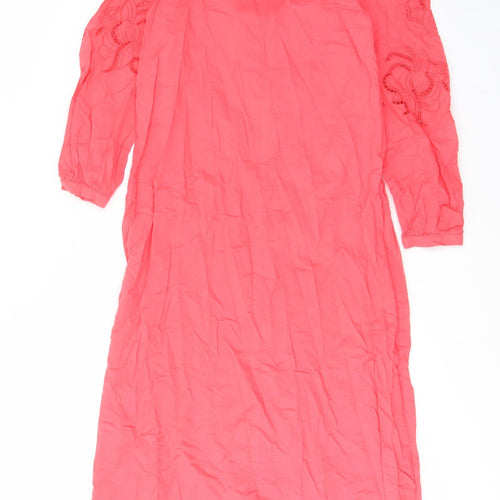Marks and Spencer Womens Pink Cotton A-Line Size 6 Crew Neck Button - Embroided