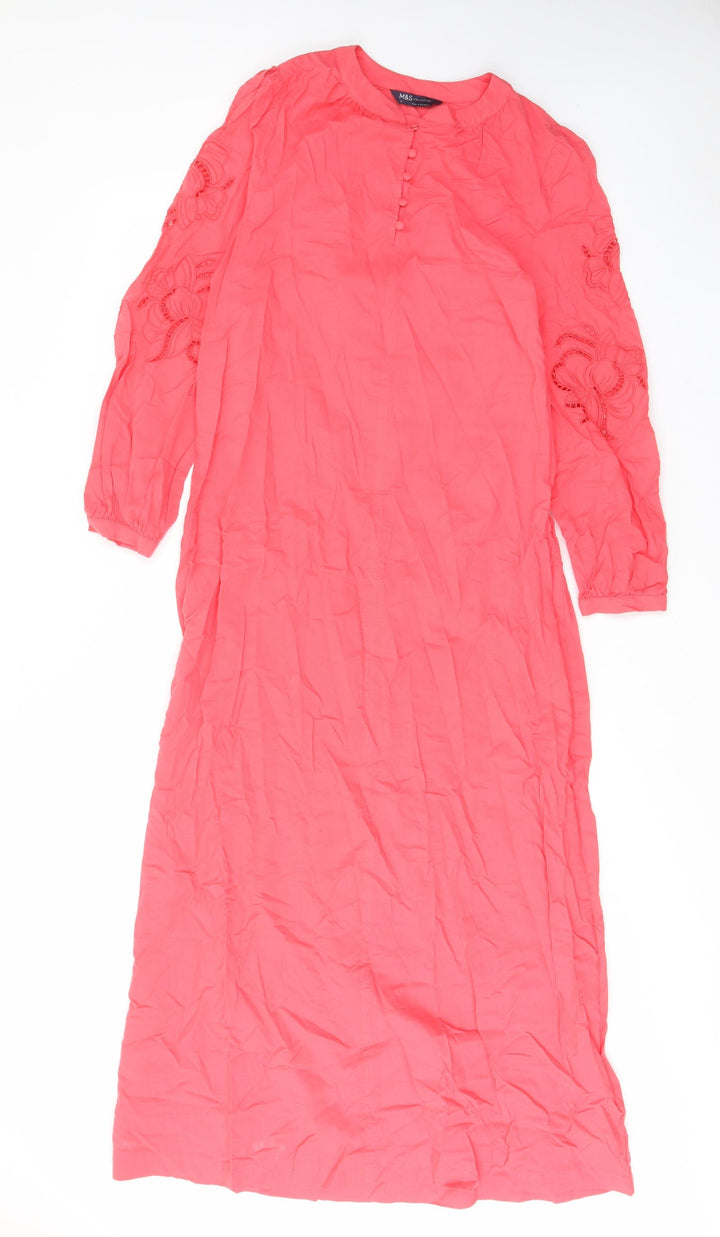 Marks and Spencer Womens Pink Cotton A-Line Size 6 Crew Neck Button - Embroided