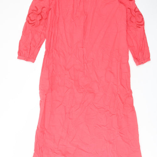 Marks and Spencer Womens Pink Cotton A-Line Size 6 Crew Neck Button - Embroided