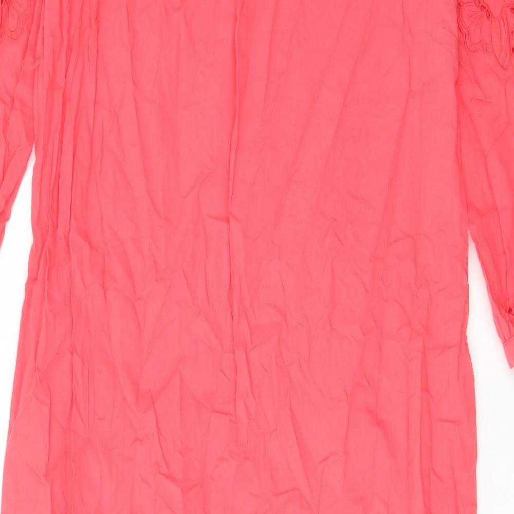 Marks and Spencer Womens Pink Cotton A-Line Size 6 Crew Neck Button - Embroided