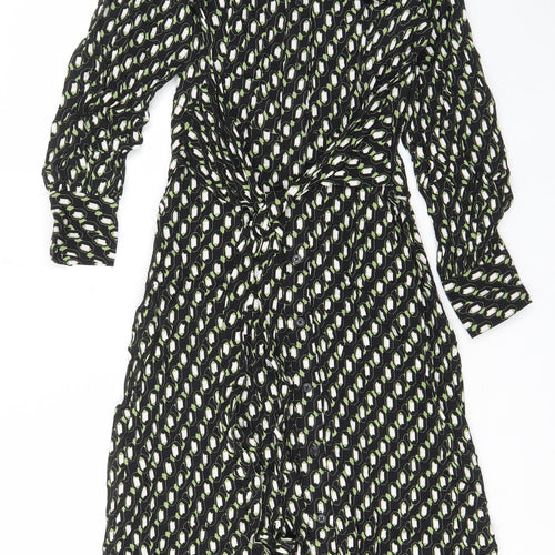 Marks and Spencer Womens Green Geometric Viscose A-Line Size 8 Collared Button - Tie, Frill