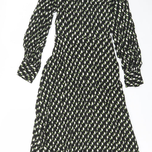 Marks and Spencer Womens Green Geometric Viscose A-Line Size 8 Collared Button - Tie, Frill