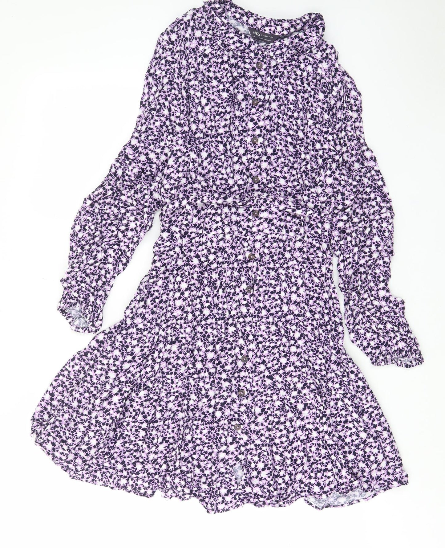 Marks and Spencer Womens Purple Floral Viscose A-Line Size 22 Collared Button - Belted