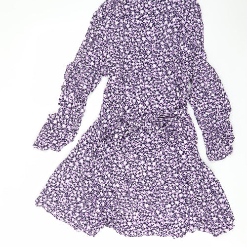Marks and Spencer Womens Purple Floral Viscose A-Line Size 22 Collared Button - Belted
