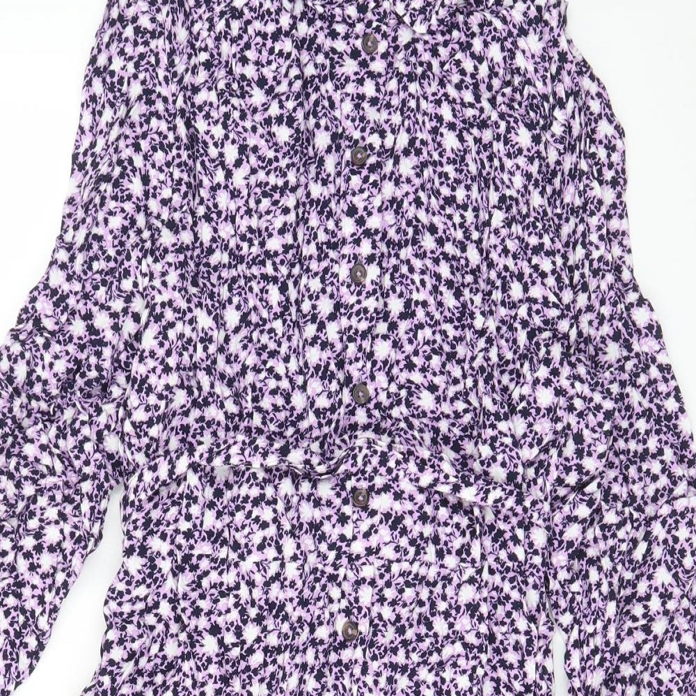 Marks and Spencer Womens Purple Floral Viscose A-Line Size 22 Collared Button - Belted
