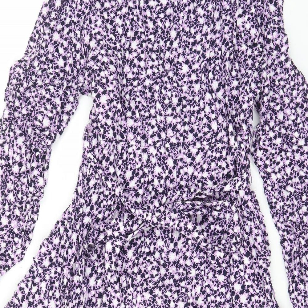 Marks and Spencer Womens Purple Floral Viscose A-Line Size 22 Collared Button - Belted