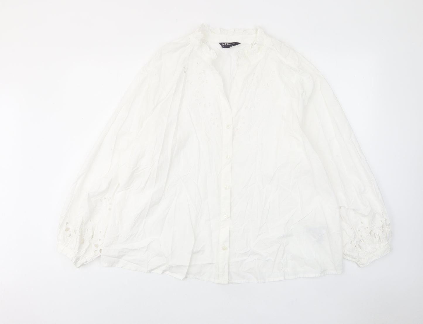 Marks and Spencer Womens White Cotton Basic Button-Up Size 16 V-Neck - Frill, Embroided