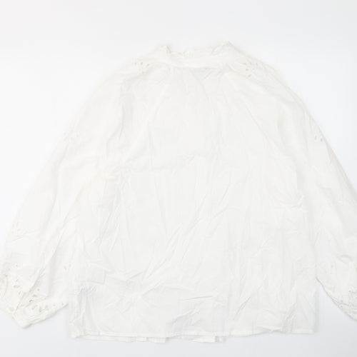 Marks and Spencer Womens White Cotton Basic Button-Up Size 16 V-Neck - Frill, Embroided