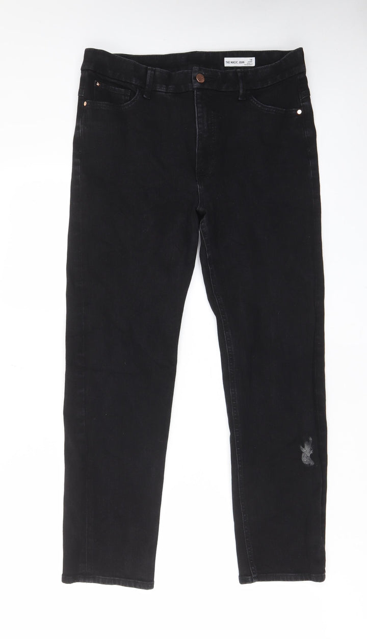 Marks and Spencer Womens Black Cotton Straight Jeans Size 16 L28 in Regular Zip - Pockets, Belt Loops