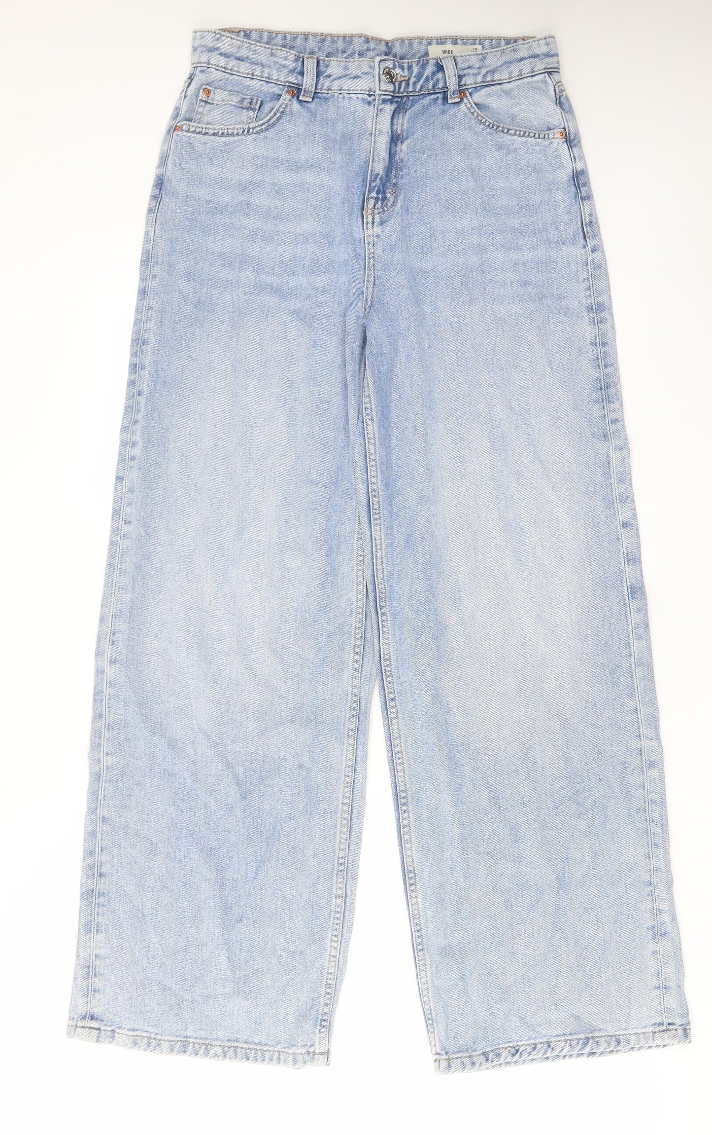 Marks and Spencer Womens Blue Cotton Wide-Leg Jeans Size 10 L31 in Regular Zip - Pockets, Belt Loops