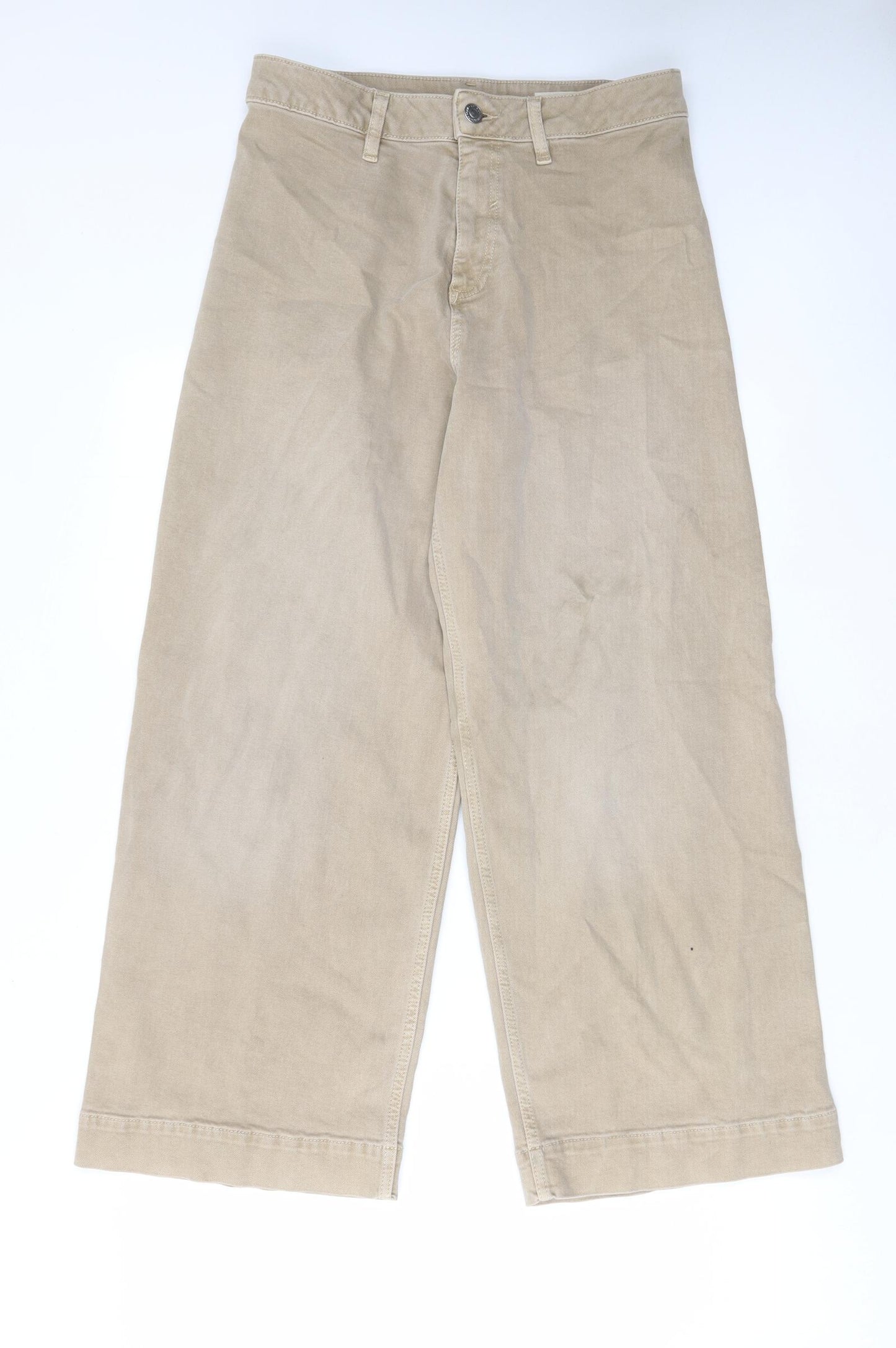 Marks and Spencer Womens Beige Cotton Wide-Leg Jeans Size 14 L27 in Regular Zip - Pockets, Belt Loops
