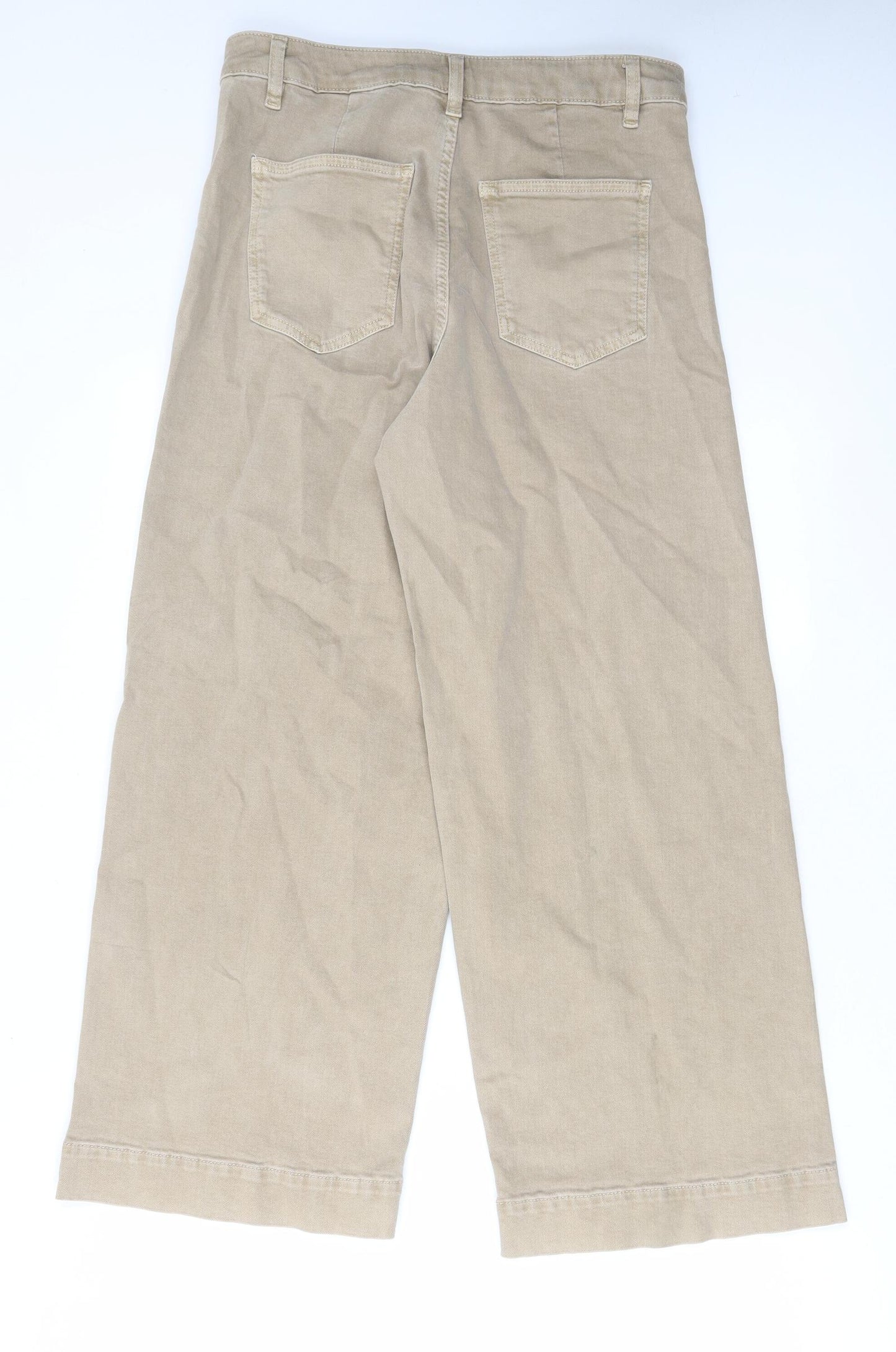 Marks and Spencer Womens Beige Cotton Wide-Leg Jeans Size 14 L27 in Regular Zip - Pockets, Belt Loops