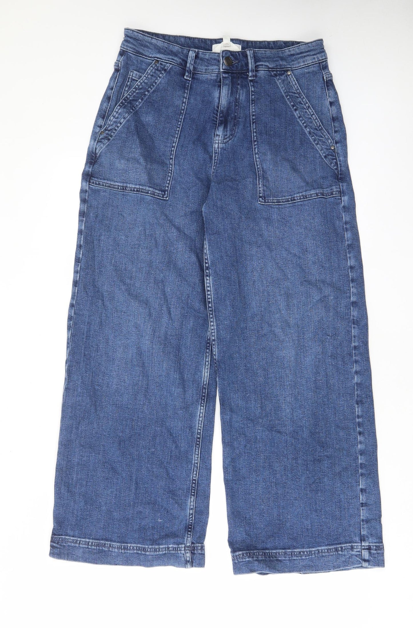 Per Una Womens Blue Cotton Wide-Leg Jeans Size 12 L29 in Regular Zip - Pockets, Belt Loops