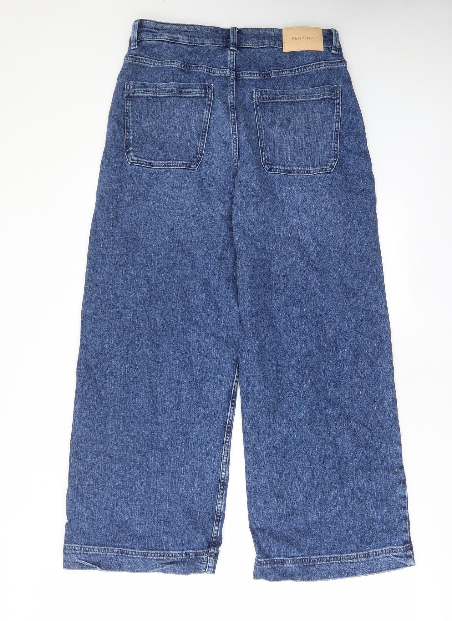 Per Una Womens Blue Cotton Wide-Leg Jeans Size 12 L29 in Regular Zip - Pockets, Belt Loops