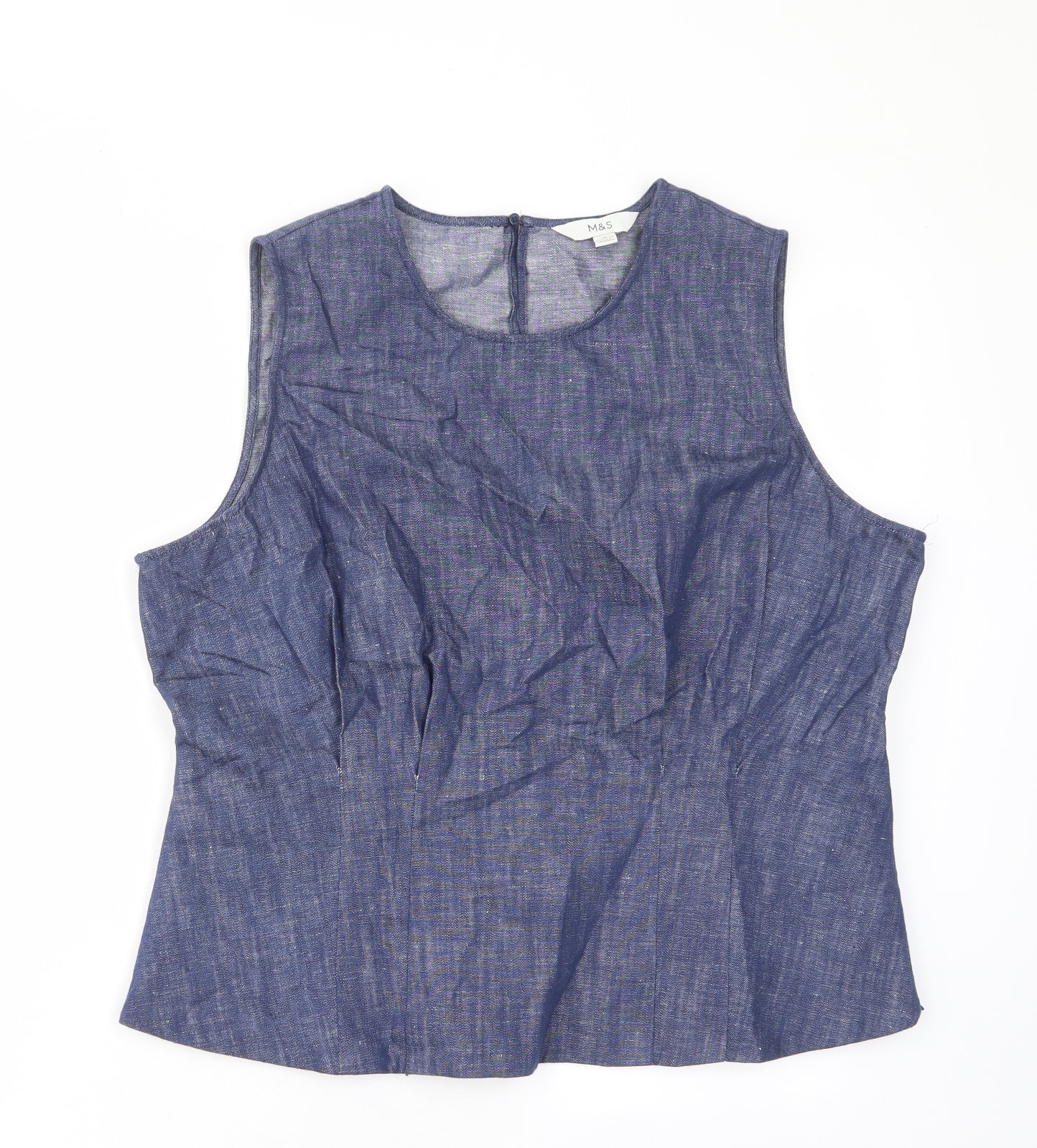 Marks and Spencer Womens Blue Linen Basic Tank Size 18 Crew Neck - Pleated