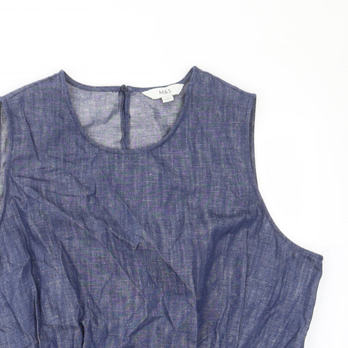 Marks and Spencer Womens Blue Linen Basic Tank Size 18 Crew Neck - Pleated