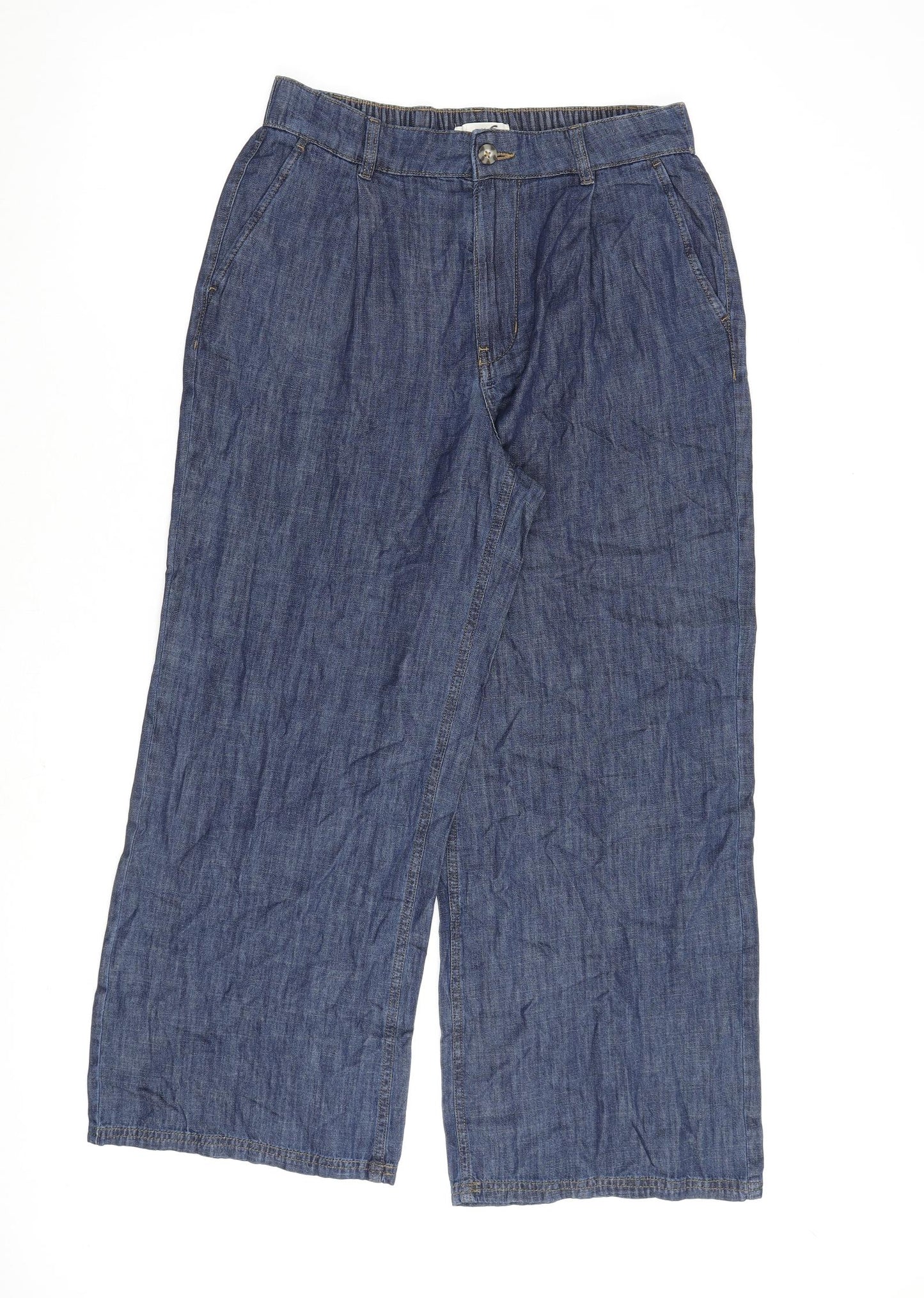 Per Una Womens Blue Cotton Wide-Leg Jeans Size 12 L30 in Regular Zip