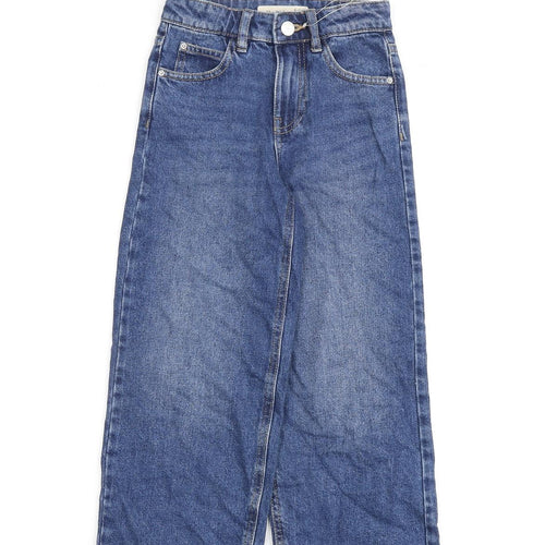 Marks and Spencer Girls Blue 100% Cotton Wide-Leg Jeans Size 6-7 Years Regular Zip
