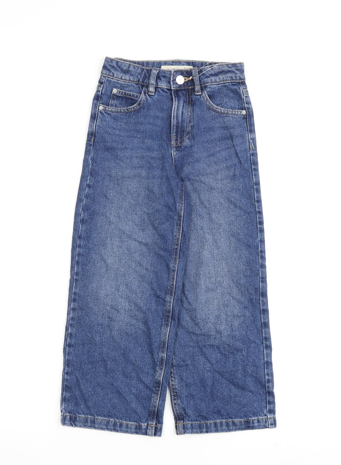 Marks and Spencer Girls Blue 100% Cotton Wide-Leg Jeans Size 6-7 Years Regular Zip