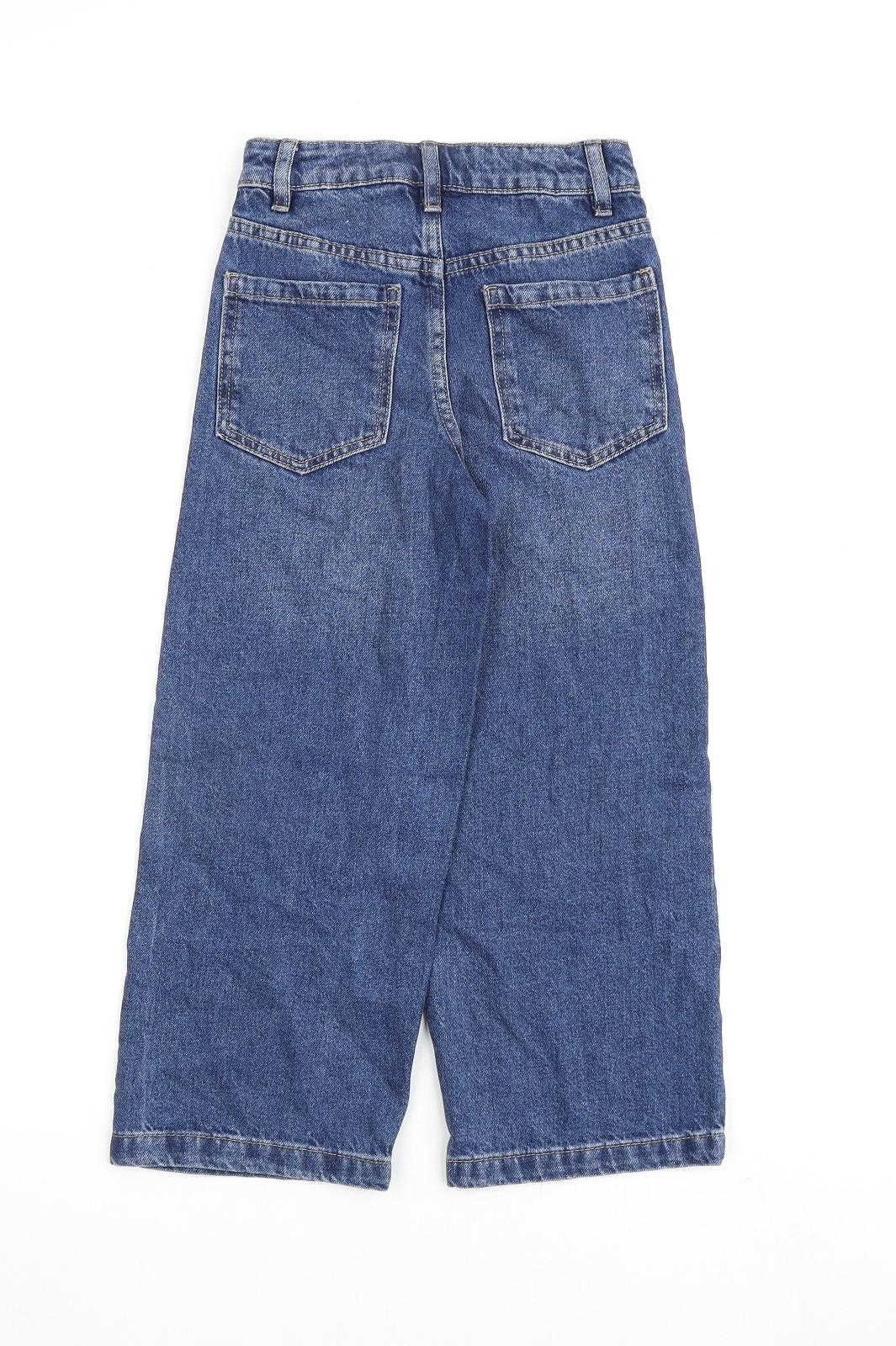 Marks and Spencer Girls Blue 100% Cotton Wide-Leg Jeans Size 6-7 Years Regular Zip