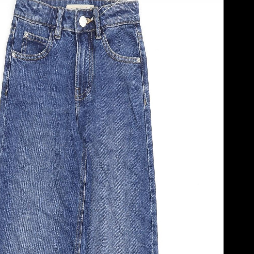 Marks and Spencer Girls Blue 100% Cotton Wide-Leg Jeans Size 6-7 Years Regular Zip