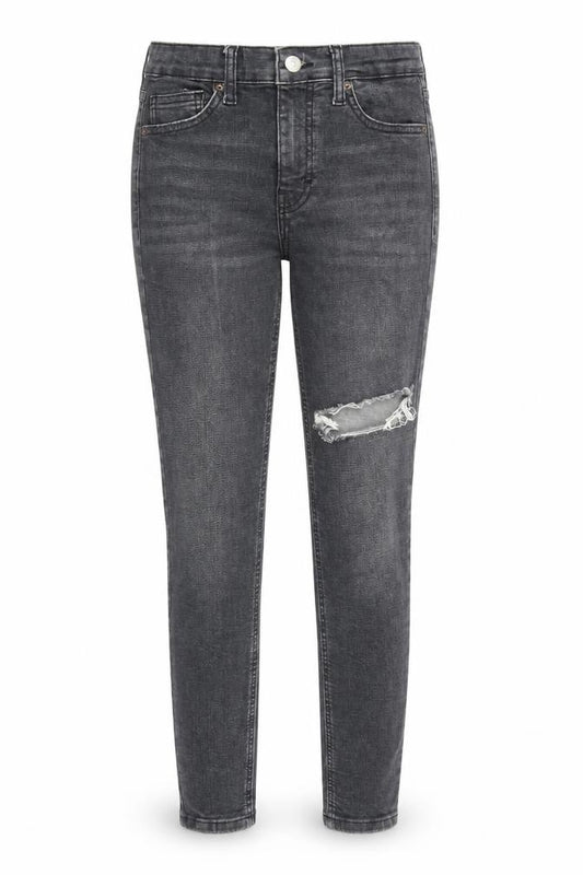 Front view of Topshop women’s grey cotton skinny jeans, size UK 26, in, 32-inch leg regular zip