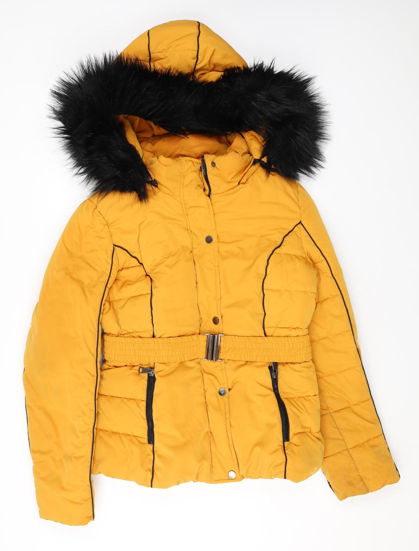 Amy Lynn Womens Yellow Puffer Jacket Coat Size 16 Zip - Belted