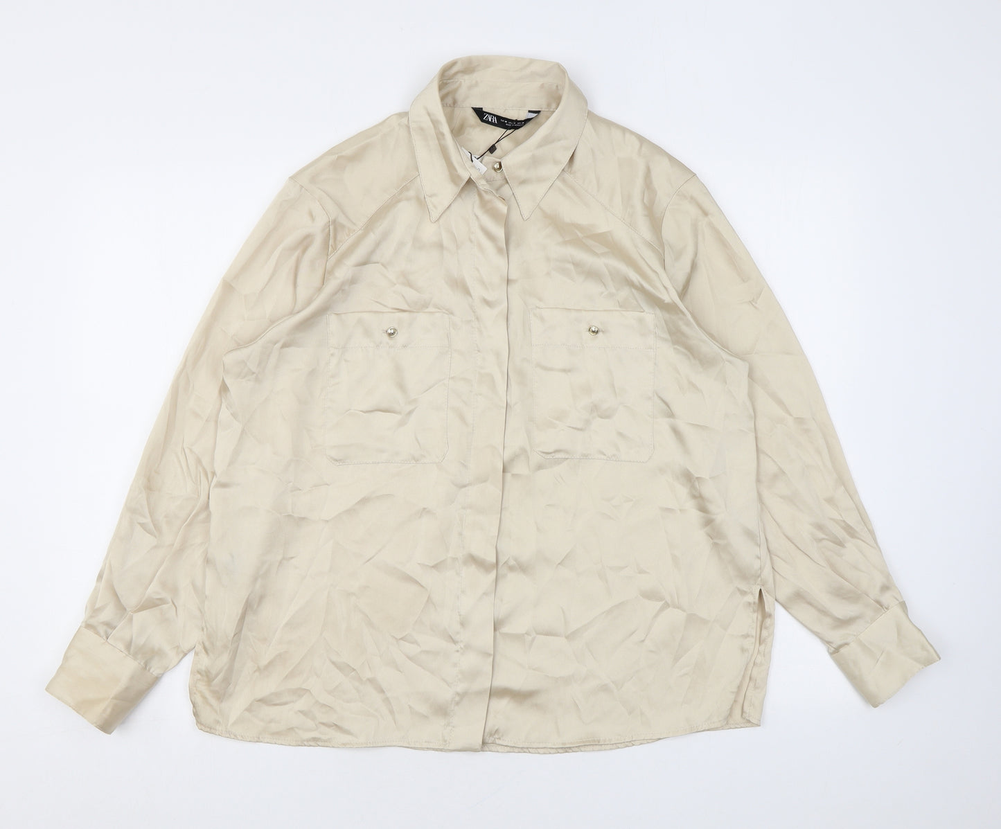 Zara Womens Beige Polyester Basic Button-Up Size M Collared