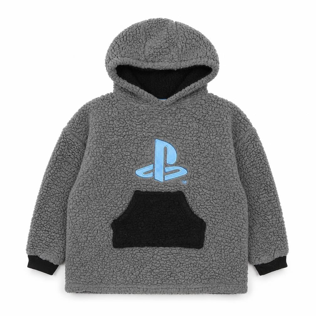 Front view of PlayStation men’s grey polyester pullover hoodie, size XS