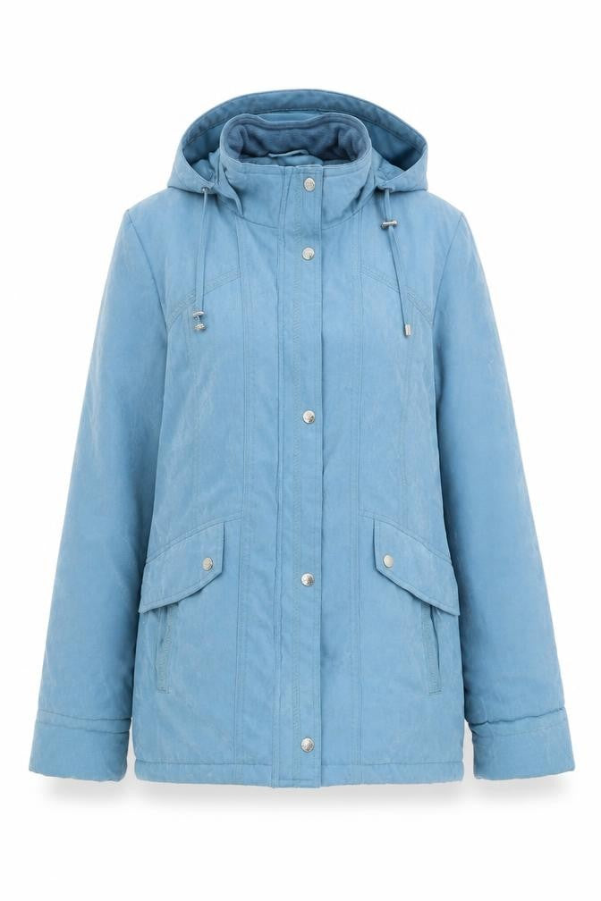Front view of EWM women’s blue rain coat coat, size UK 10, zip