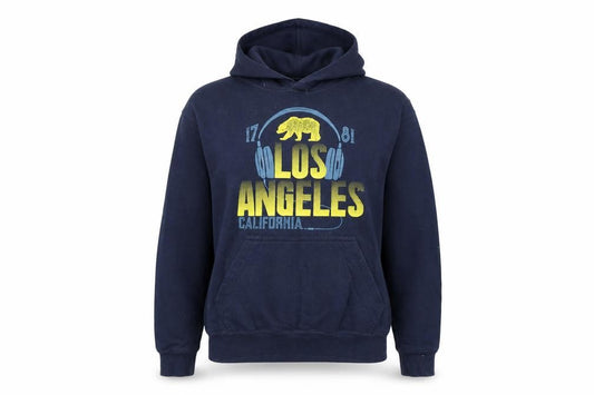 Front view of Los Angeles men’s blue cotton pullover hoodie, size M, - logo, california