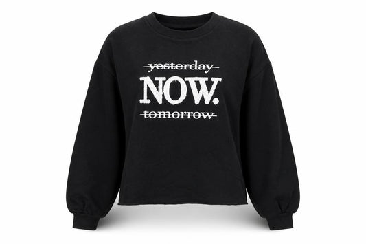Front view of Khaadi women’s black cotton pullover sweatshirt, size S, pullover - yesterday now. tomorrow