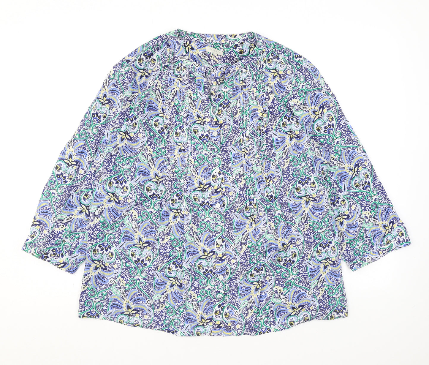 Talbots Womens Blue Floral Polyester Basic Button-Up Size L V-Neck