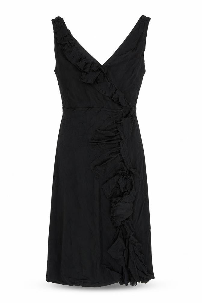 Front view of Coast women’s black viscose a-line, size UK 12, v-neck pullover - ruffles