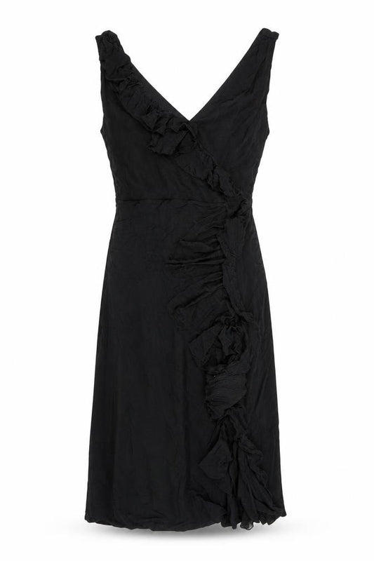 Front view of Coast women’s black viscose a-line, size UK 12, v-neck pullover - ruffles
