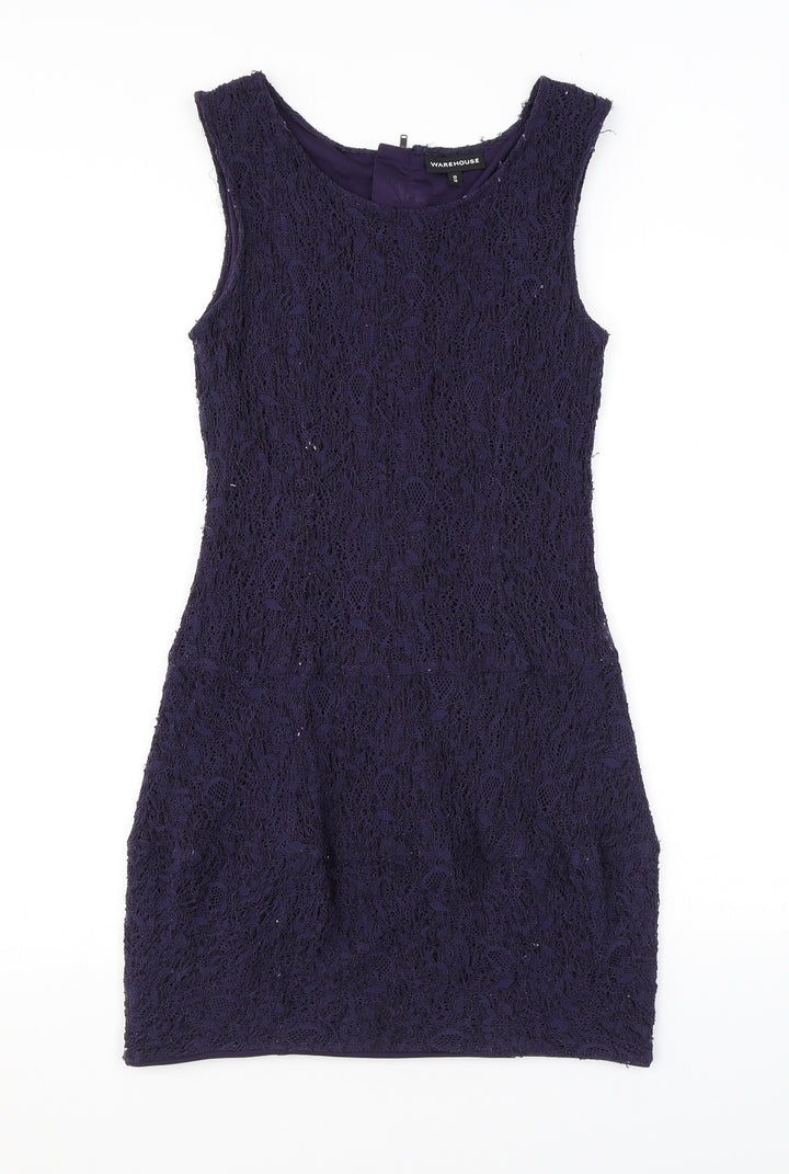 Warehouse Womens Purple Geometric Polyamide Shift Size 12 Scoop Neck Zip