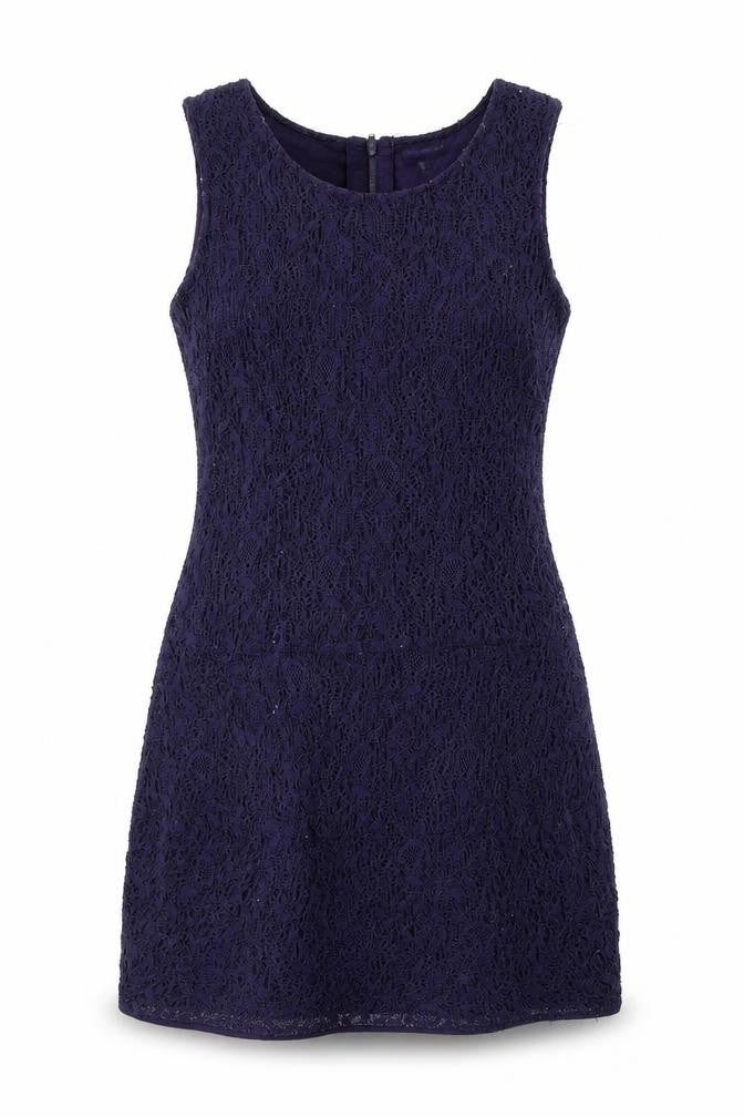 Front view of Warehouse women’s purple geometric polyamide shift, size UK 12, scoop neck zip