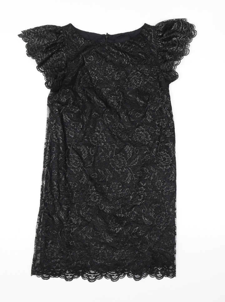 Oasis Womens Black Floral Polyester A-Line Size 10 Boat Neck Zip