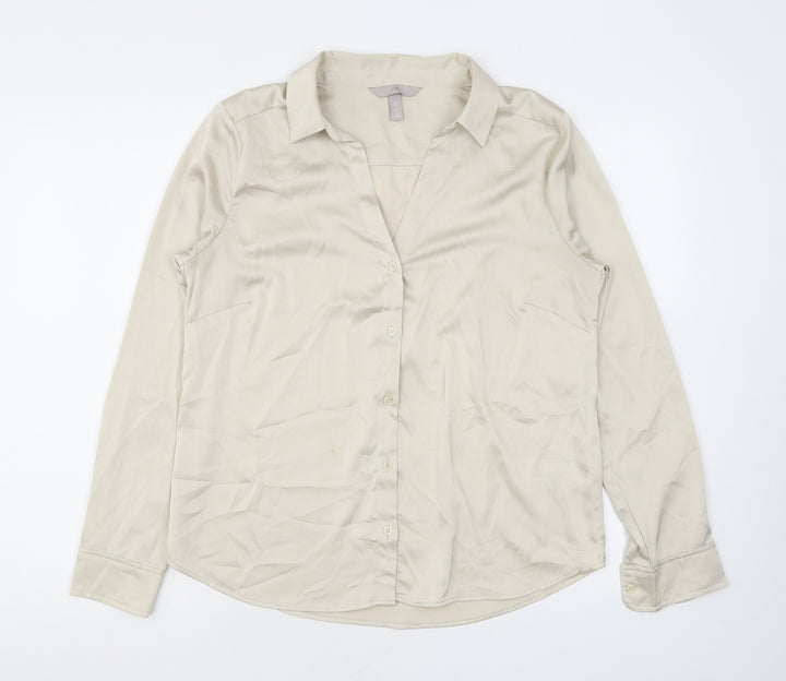 H&M Womens Beige Polyester Basic Button-Up Size M Collared