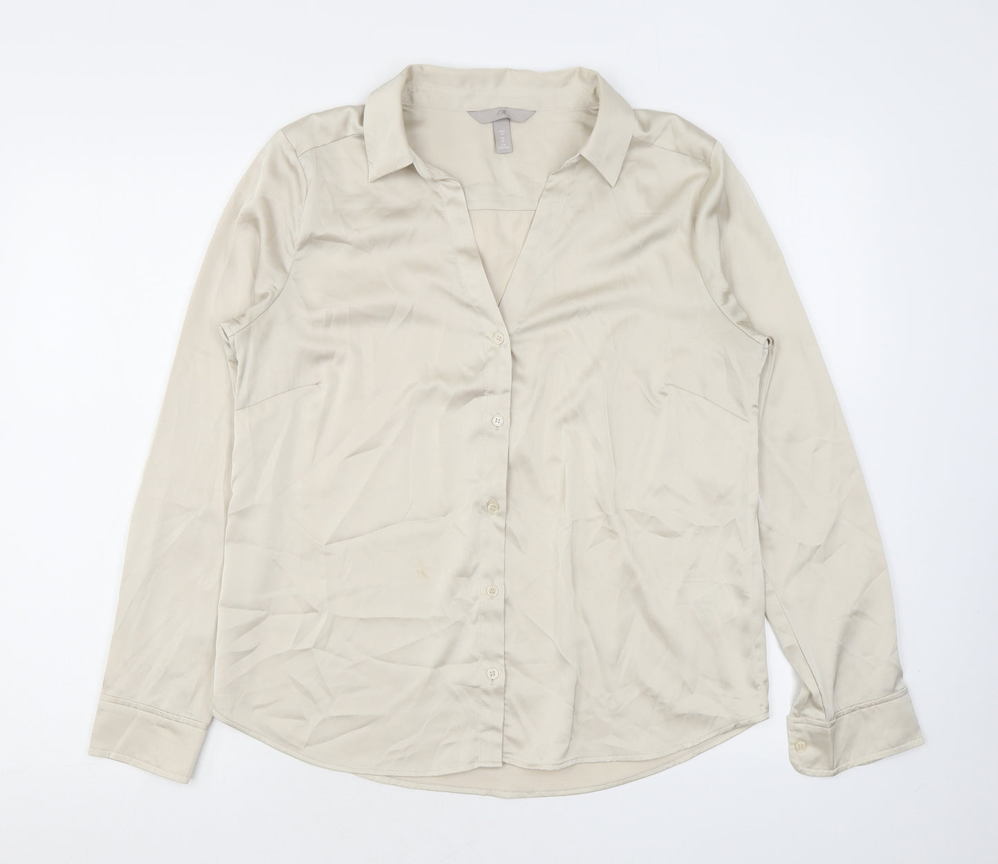 H&M Womens Beige Polyester Basic Button-Up Size M Collared