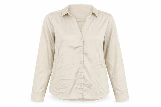 Front view of H&M women’s beige polyester basic button-up, size M, collared