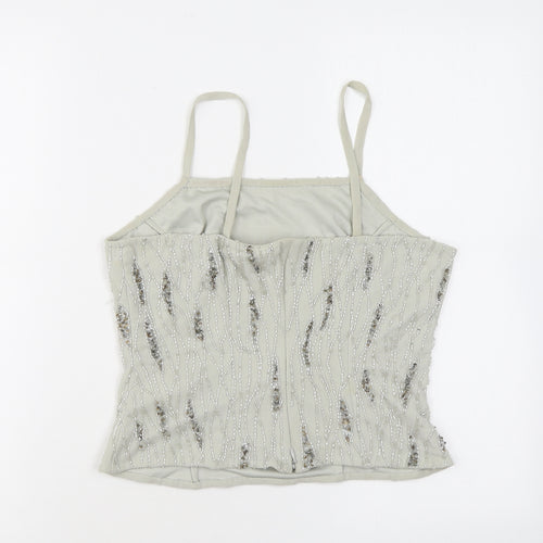 Raishma Womens Grey Geometric Polyester Basic Tank Size 8 Square Neck - Beading, Sequins