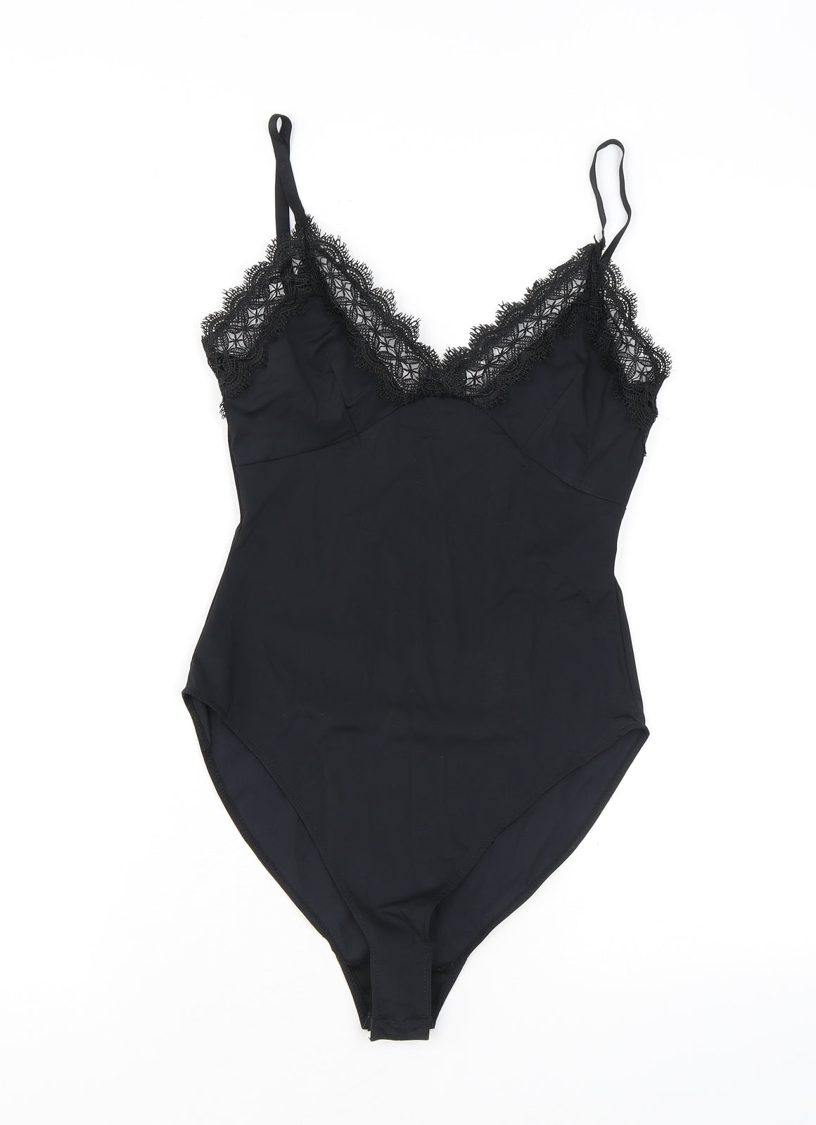 Zara Womens Black Polyester Bodysuit One-Piece Size S L11 in Snap - Lace Detail