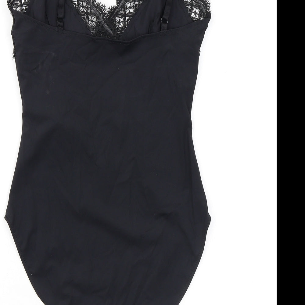 Zara Womens Black Polyester Bodysuit One-Piece Size S L11 in Snap - Lace Detail