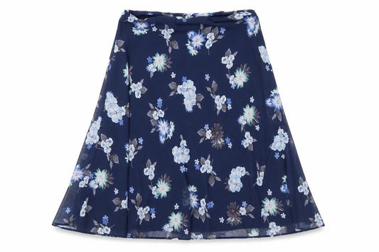 Front view of Marks & Spencer women’s blue floral polyester swing skirt, size UK 10