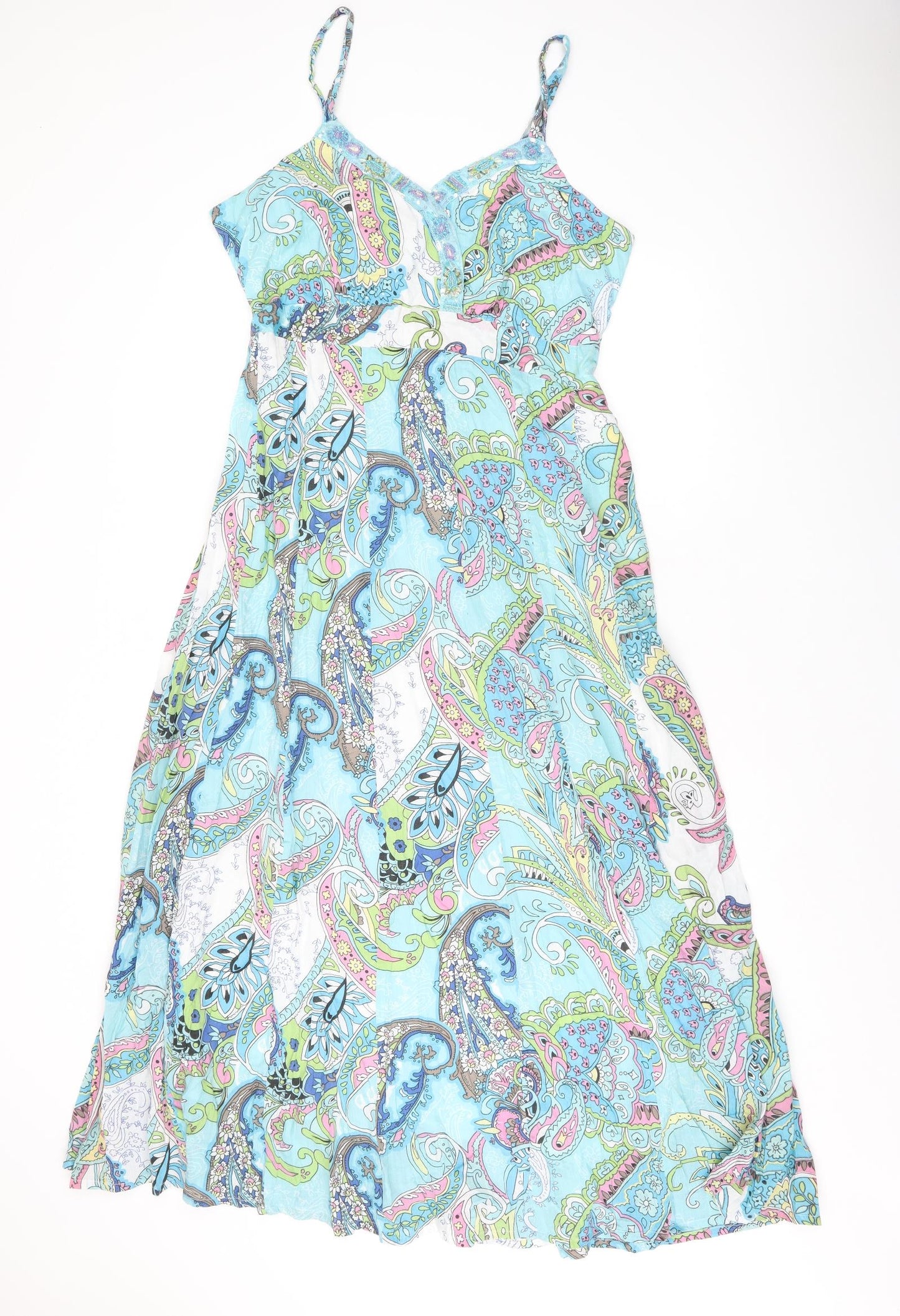 Pomodoro Womens Blue Paisley Cotton A-Line Size 18 V-Neck Zip - Belted