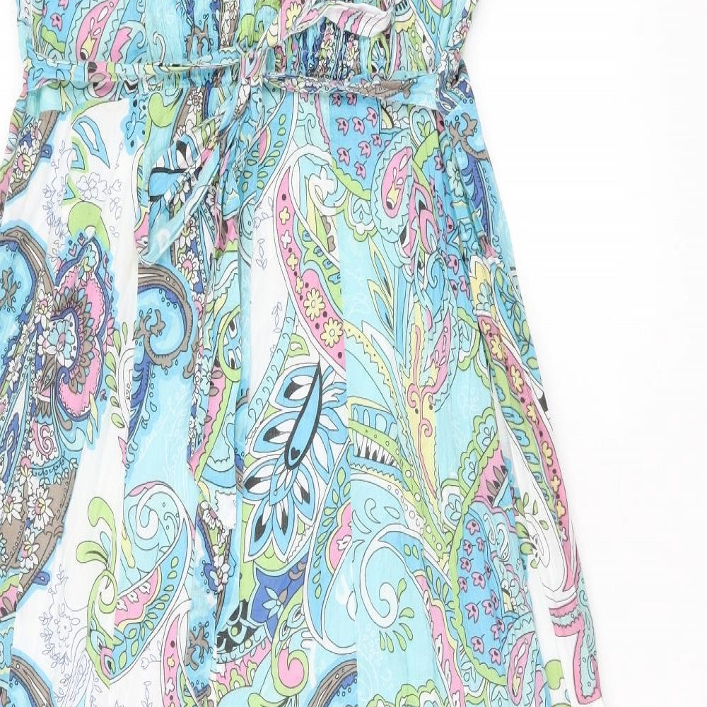 Pomodoro Womens Blue Paisley Cotton A-Line Size 18 V-Neck Zip - Belted