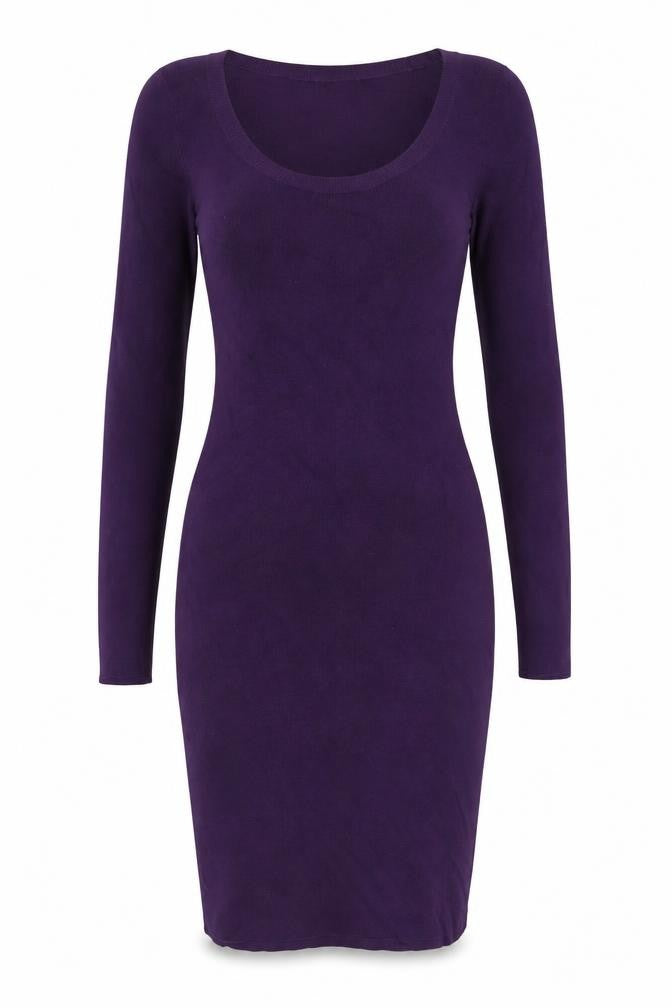Front view of Oasis women’s purple viscose bodycon, size M, scoop neck pullover